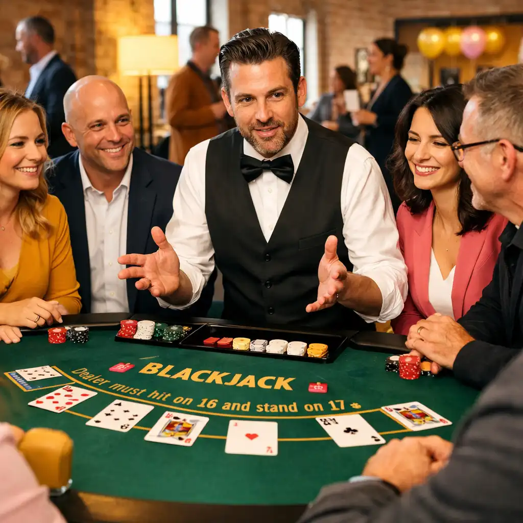Prowadzący przy stole blackjacka rozmawia z uczestnikami spotkania firmowego