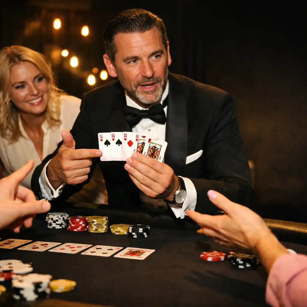 Prowadzący objaśnia grupie uczestników spotkanie przy stylizowanym stole pokerowym